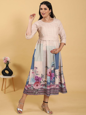 RITIJYA Women Floral Print Ethnic Dress Kurta(Beige)