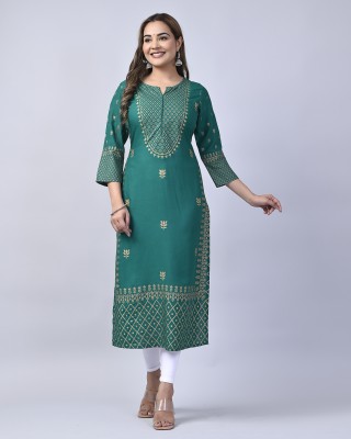 Mauka Women Printed Straight Kurta(Green)