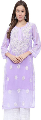 Mrs Right Women Chikan Embroidery A-line Kurta(Purple, White)