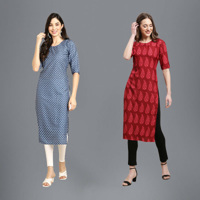 1 Stop Fashion Women Printed Straight Kurta(White, Dark Blue, Red)