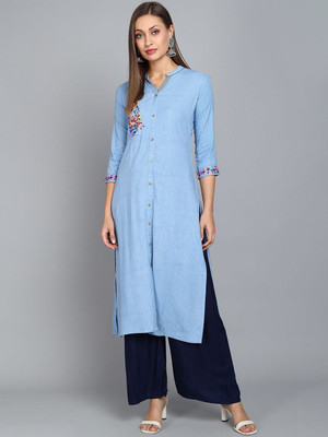 ANOUK Women Checkered Straight Kurta(Blue)