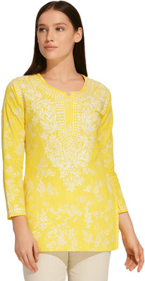 Era Chikan Women Embroidered Straight Kurta(Yellow)