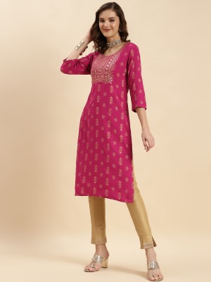 Rangita Women Embroidered Straight Kurta(Pink)