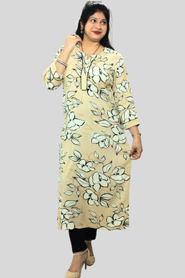 lalita Creations Women Floral Print Straight Kurta(Beige)