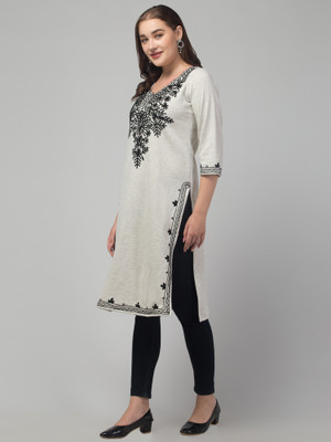 DIAMOND RUBY Women Embroidered A-line Kurta(White, Black)