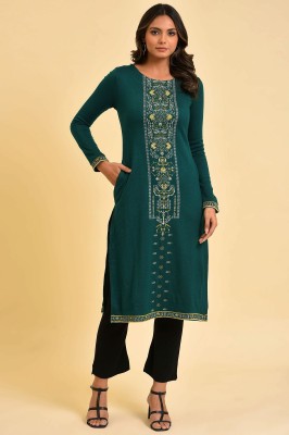 W Women Embroidered Straight Kurta(Dark Green, White, Yellow)