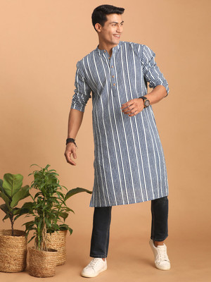VASTRAMAY Men Striped Straight Kurta(Blue)