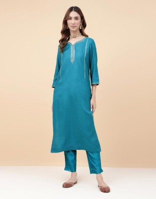 Fabindia Women Embroidered Straight Kurta(Blue)