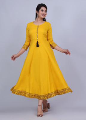 Wilshire Women Printed Flared Kurta(Yellow)