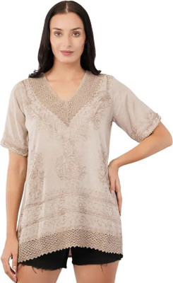 BRAZILLIANTUNIC Women Embroidered Tunic Kurta(Beige)