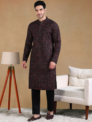 House of Pataudi Men Printed Straight Kurta(Black)