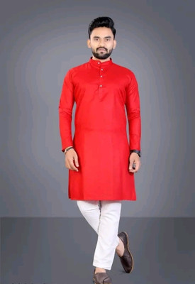 HEENGSHI Men Solid Straight Kurta(Red)