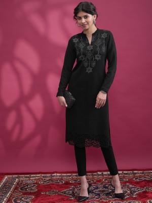 KETCH Women Embroidered Straight Kurta(Black)