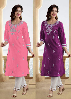 SISTO Women Embroidered A-line Kurta(Pink, Purple)