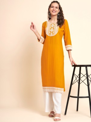 vairagee Women Embroidered Straight Kurta(Yellow)