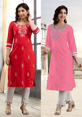 vikshi Women Embroidered Straight Kurta(Multicolor)