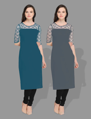 maaheshvi Women Self Design Straight Kurta(Blue, Grey)