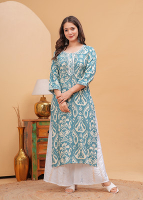 NAHIKO Women Printed Straight Kurta(Light Blue)