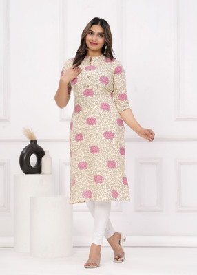 METAFAB Women Printed Straight Kurta(Grey, Pink, Beige)