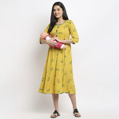 TRUE SHAPE Women Printed Flared Kurta(Yellow)