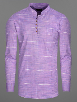 french crown Men Checkered Straight Kurta(Purple, White)