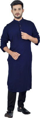 DRESSED UP DIVAS Men Solid Straight Kurta(Blue)