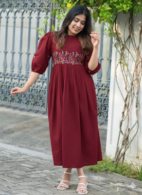 MF ERA Women Embroidered, Floral Print A-line Kurta(Beige)