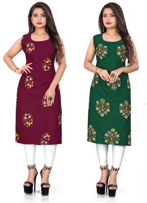 Hiral Creation Women Floral Print Straight Kurta(Maroon, Green)