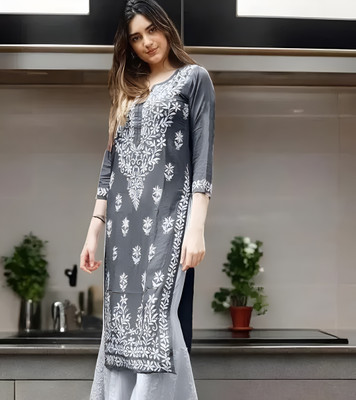 Om Enterprise Women Chikan Embroidery Straight Kurta(Grey)