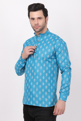 TABROONN Men Printed Straight Kurta(Light Blue, White)