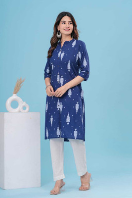 ile txet ogrAknnkjJ Women Printed A-line Kurta(Blue)