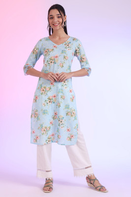 Aurelia Women Floral Print Straight Kurta(Blue)
