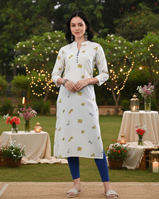 maaesa Women Printed Straight Kurta(White)