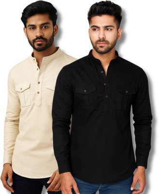 CROWNTAIL Men Solid Straight Kurta(Beige, Black)
