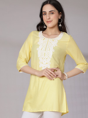V-MART Women Self Design A-line Kurta(Yellow)