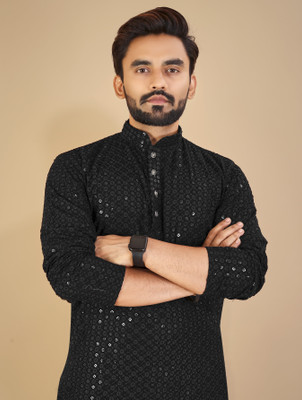 MENSKURTA Men Embellished Straight Kurta(Green)