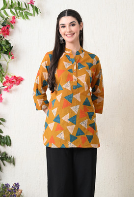 Anmi A-Line stright short kurtis Geometric Print Women A-line Kurta(Brown, Blue)