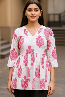 Harmi collection Women Solid, Printed Flared Kurta(White)