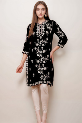 Mallory Winston Women Chikan Embroidery A-line Kurta(Black)
