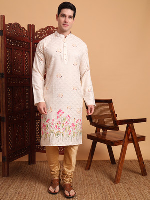 House of Pataudi Men Printed Straight Kurta(White)