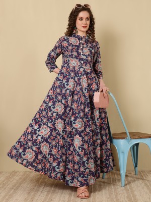 Women Click Women Floral Print Flared Kurta(Blue)