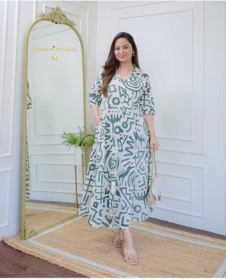 Sitara Setu Women Abstract, Printed A-line Kurta(Green)