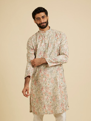 MANYAVAR Men Printed Straight Kurta(Orange)