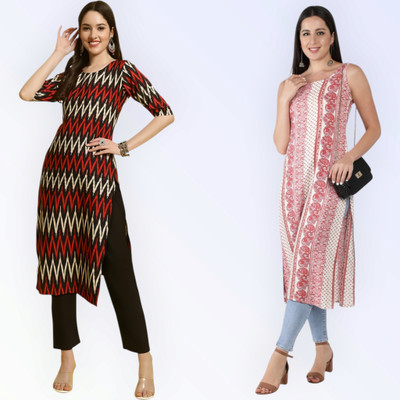 KAUTAQI Women Printed, Striped Straight Kurta(Multicolor)