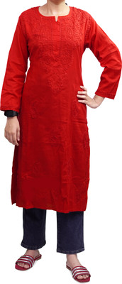 RKNMH Women Embroidered Straight Kurta(Red)