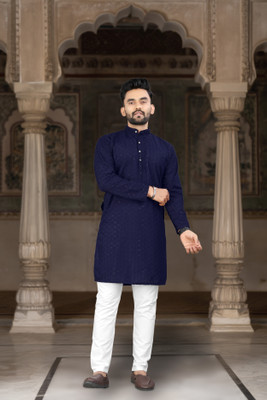 DHASU TRENDZ Men Chikan Embroidery, Embroidered Straight Kurta(Blue)