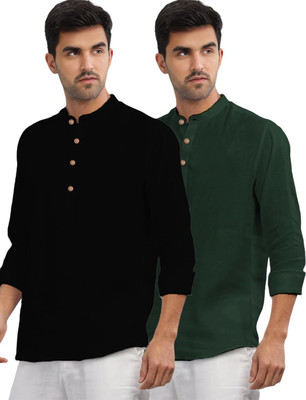 LENIA Men Solid A-line Kurta(Green, Black)