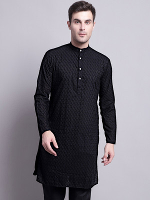 Jompers Men Embroidered Straight Kurta(Black)