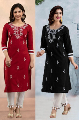 vikshi Women Chikan Embroidery Straight Kurta(Multicolor)