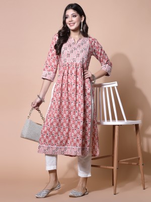 LARGISH Women Floral Print Straight Kurta(Pink, White, Maroon)